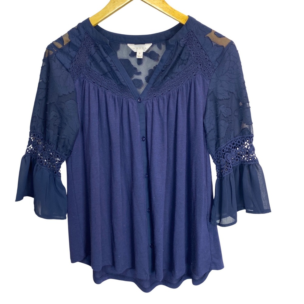 Adiva Womens Navy Blue Lace Trim Boho Crochet Bell‎ Sleeve Blouse Small Boho